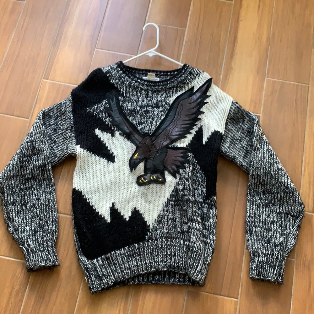 Vintage Men’s Heather Grey Oversized Leather Eagle Sweater Size Small